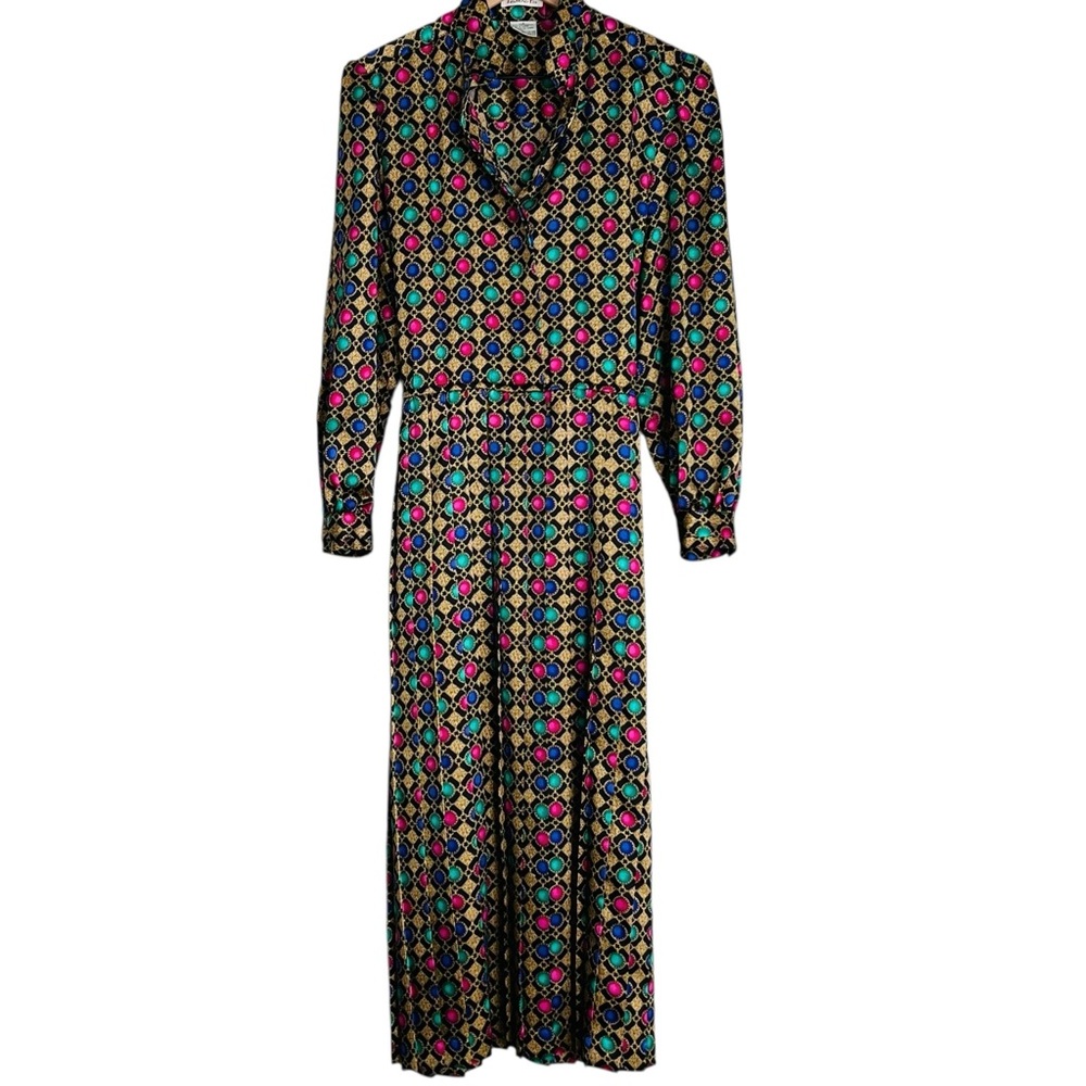 Vintage Pleated Medallion Print Jewel Tones Dress Size 8 - Picture 4 of 15